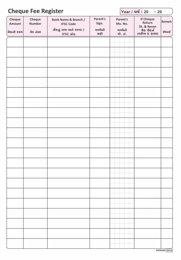 46. Cheque Fee Register (1000 Entry)